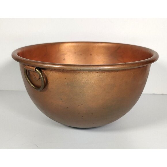 Vintage Large 10" x 5" Round Copper Rolled Edge Mixing Bowl Kitchen w/Brass Ring - Picture 2 of 9
